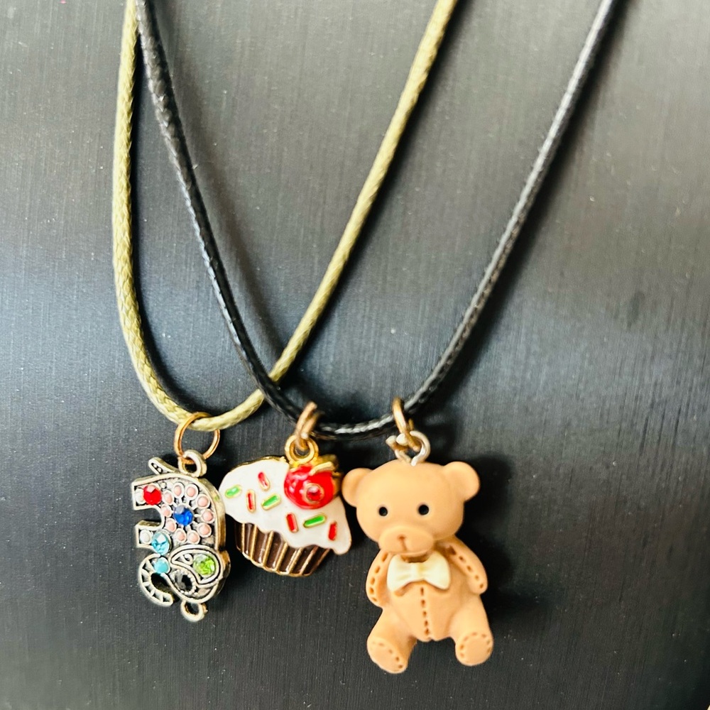 Set of TWO Cute Colorful Elephant Cupcake & Teddy Bear Charm Necklace